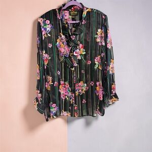 Bob Mackie Black Floral Ruffle Tie-Neck Blouse with Pink & Purple Accents